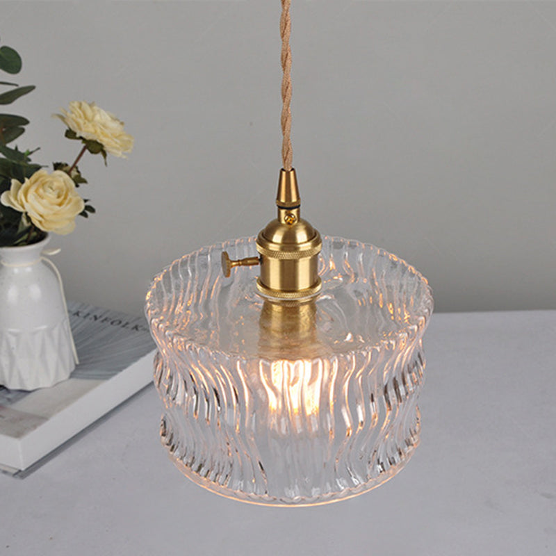 Traditional Vintage Round Cylinder Willow Glass Brass 1-Light Pendant Light For Living Room