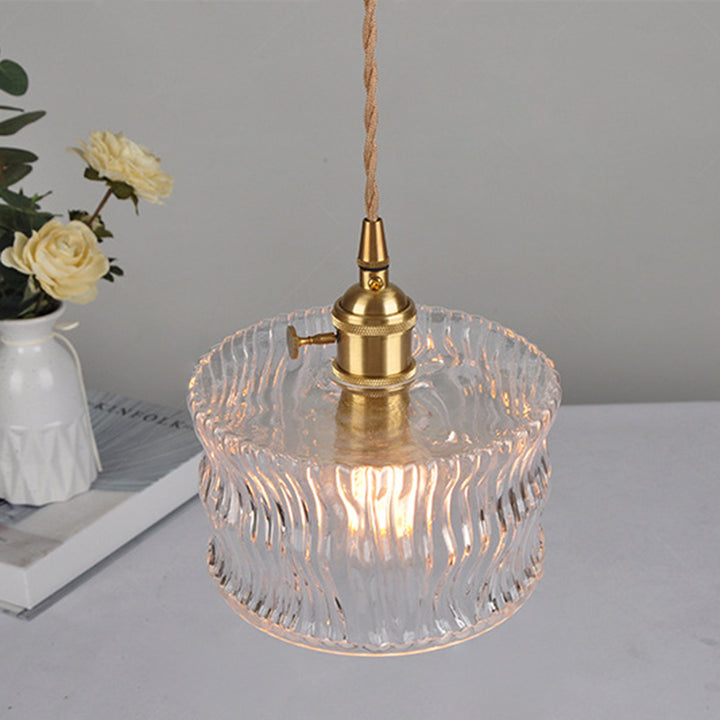 Traditional Vintage Round Cylinder Willow Glass Brass 1-Light Pendant Light For Living Room