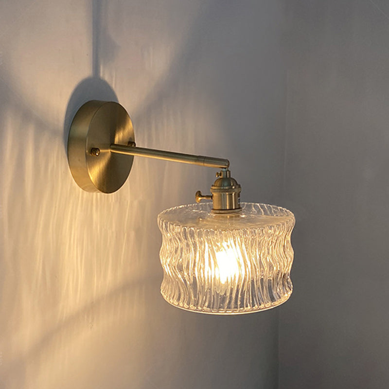 Traditional Vintage Round Cylinder Willow Glass Brass 1-Light Wall Sconce Lamp For Living Room