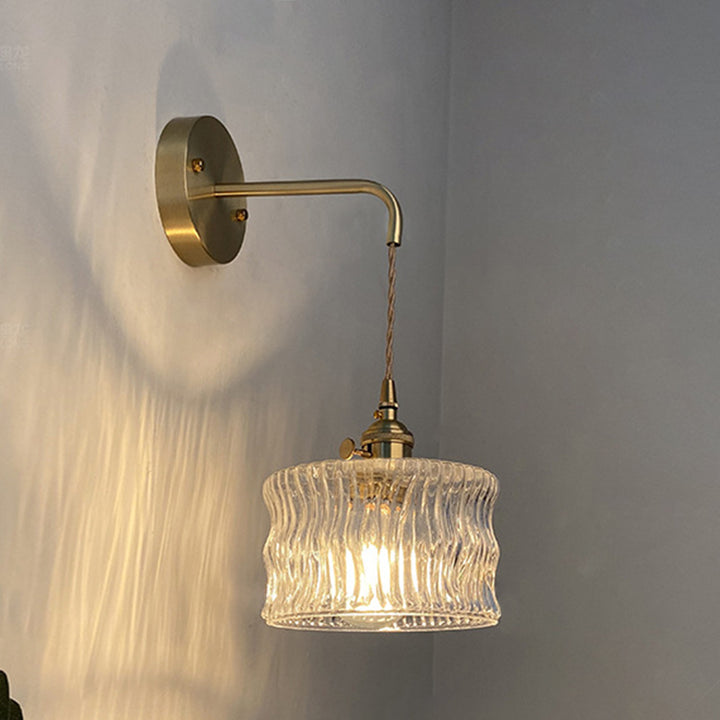 Traditional Vintage Round Cylinder Willow Glass Brass 1-Light Wall Sconce Lamp For Living Room