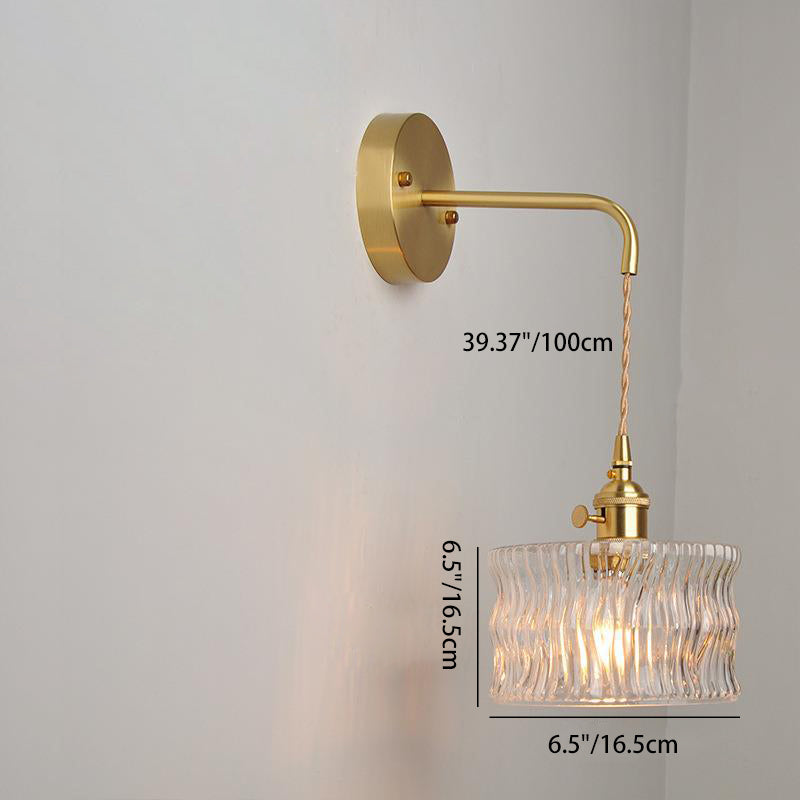 Traditional Vintage Round Cylinder Willow Glass Brass 1-Light Wall Sconce Lamp For Living Room