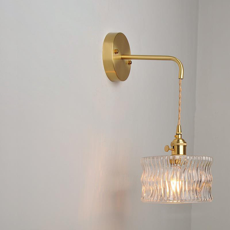 Traditional Vintage Round Cylinder Willow Glass Brass 1-Light Wall Sconce Lamp For Living Room