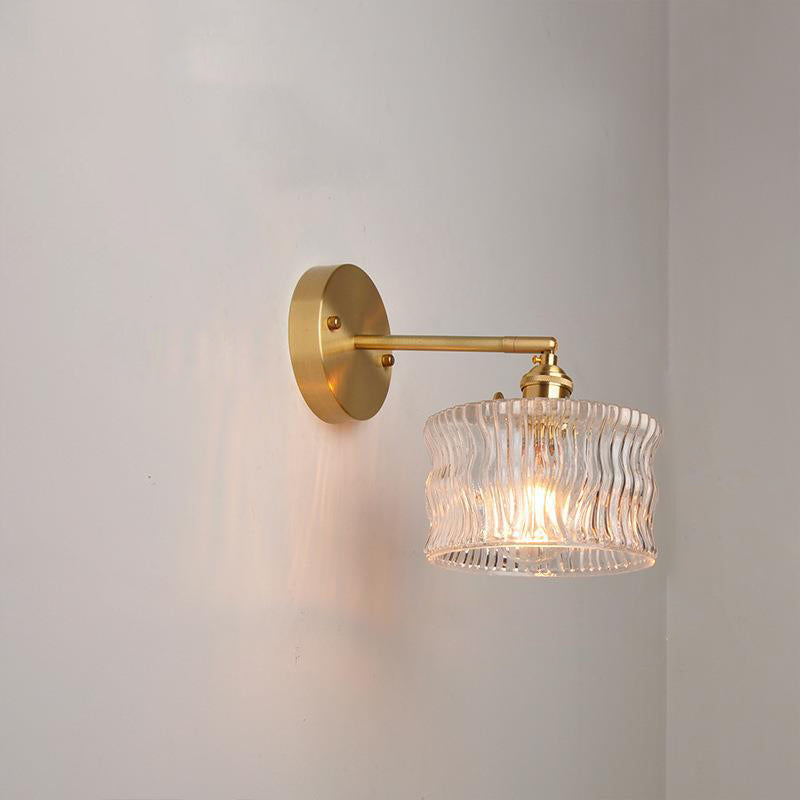 Traditional Vintage Round Cylinder Willow Glass Brass 1-Light Wall Sconce Lamp For Living Room