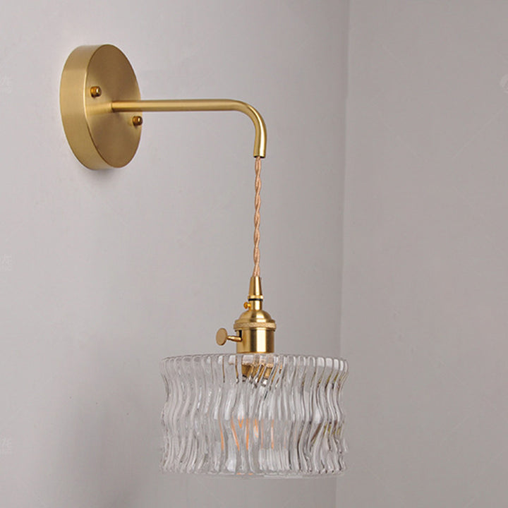 Traditional Vintage Round Cylinder Willow Glass Brass 1-Light Wall Sconce Lamp For Living Room