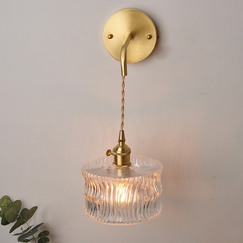 Traditional Vintage Round Cylinder Willow Glass Brass 1-Light Wall Sconce Lamp For Living Room