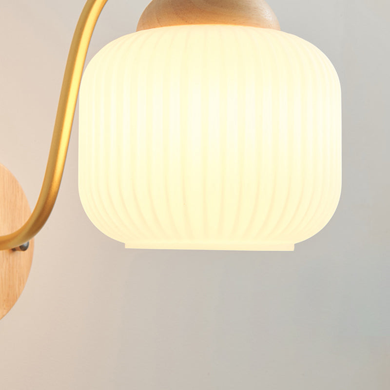 Lámpara de pared de 1 luz de cilindro redondo minimalista moderno con rayas de vidrio y madera para dormitorio 