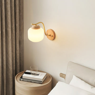 Lámpara de pared de 1 luz de cilindro redondo minimalista moderno con rayas de vidrio y madera para dormitorio 