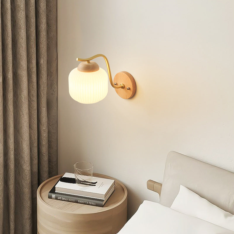 Lámpara de pared de 1 luz de cilindro redondo minimalista moderno con rayas de vidrio y madera para dormitorio 