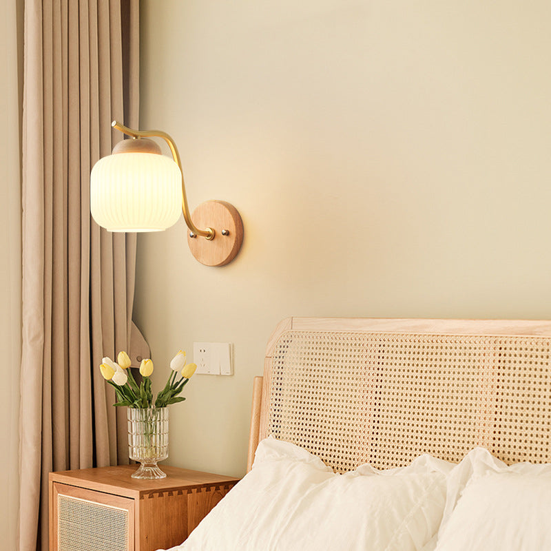 Lámpara de pared de 1 luz de cilindro redondo minimalista moderno con rayas de vidrio y madera para dormitorio 