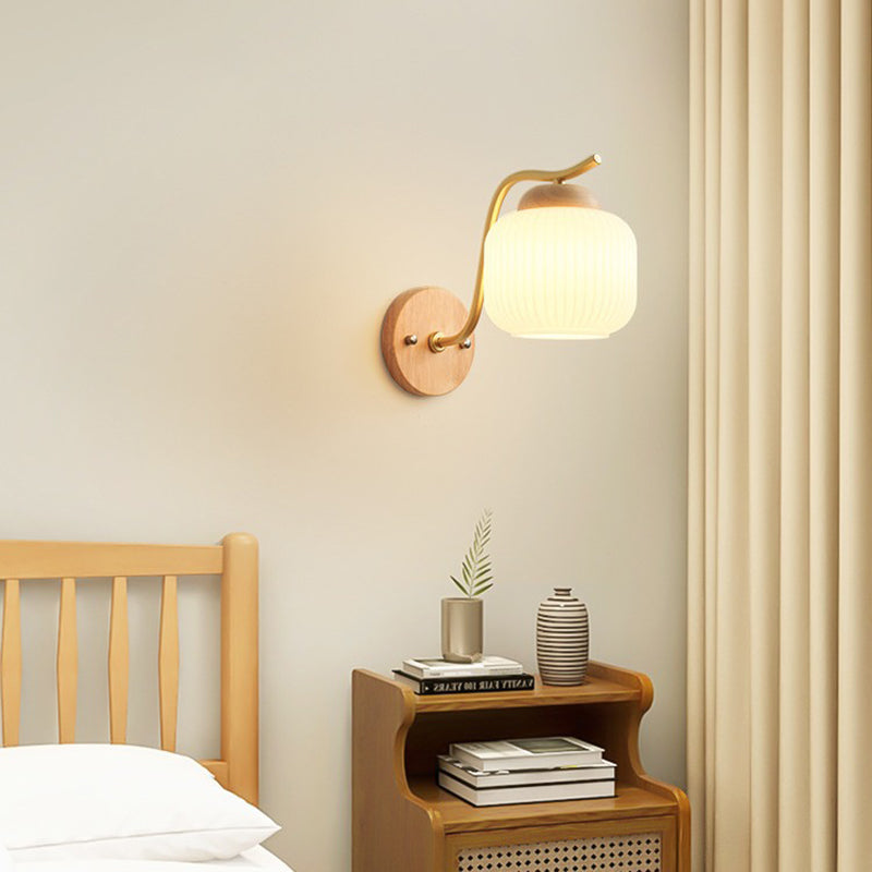 Lámpara de pared de 1 luz de cilindro redondo minimalista moderno con rayas de vidrio y madera para dormitorio 