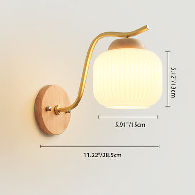 Lámpara de pared de 1 luz de cilindro redondo minimalista moderno con rayas de vidrio y madera para dormitorio 