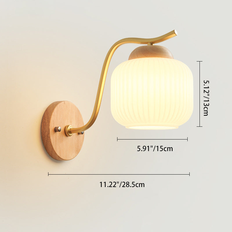 Lámpara de pared de 1 luz de cilindro redondo minimalista moderno con rayas de vidrio y madera para dormitorio 