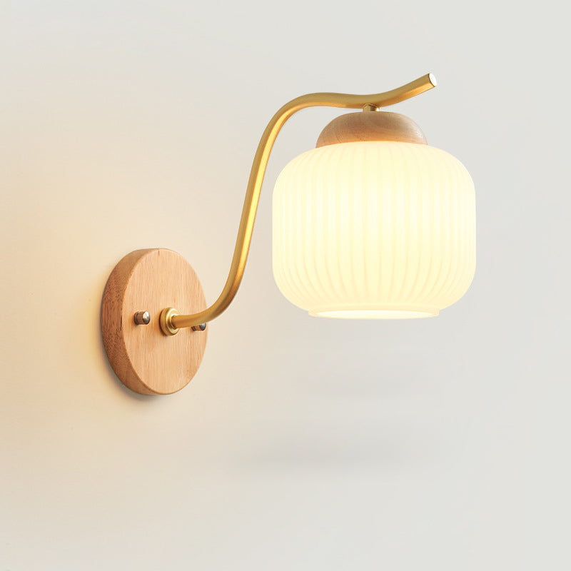 Lámpara de pared de 1 luz de cilindro redondo minimalista moderno con rayas de vidrio y madera para dormitorio 