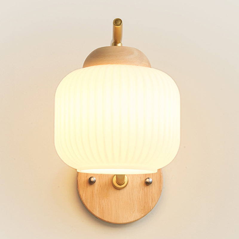 Lámpara de pared de 1 luz de cilindro redondo minimalista moderno con rayas de vidrio y madera para dormitorio 