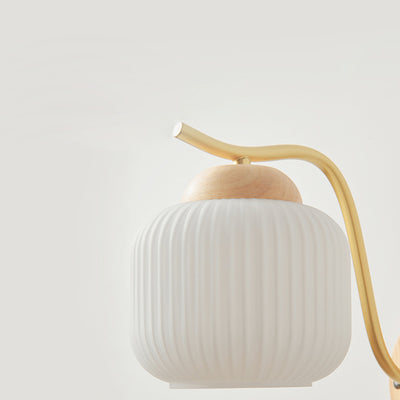 Lámpara de pared de 1 luz de cilindro redondo minimalista moderno con rayas de vidrio y madera para dormitorio 