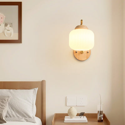 Lámpara de pared de 1 luz de cilindro redondo minimalista moderno con rayas de vidrio y madera para dormitorio 