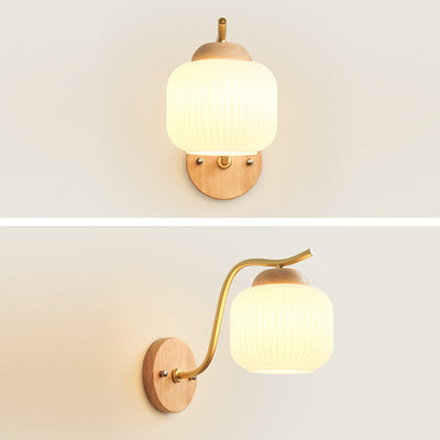 Lámpara de pared de 1 luz de cilindro redondo minimalista moderno con rayas de vidrio y madera para dormitorio 