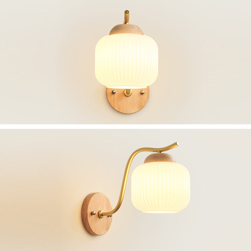 Lámpara de pared de 1 luz de cilindro redondo minimalista moderno con rayas de vidrio y madera para dormitorio 