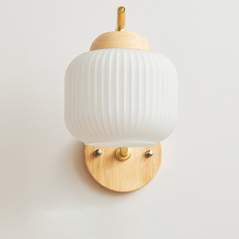 Lámpara de pared de 1 luz de cilindro redondo minimalista moderno con rayas de vidrio y madera para dormitorio 