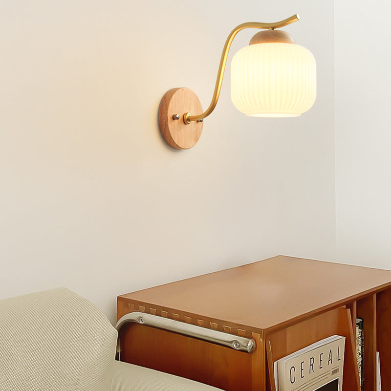 Lámpara de pared de 1 luz de cilindro redondo minimalista moderno con rayas de vidrio y madera para dormitorio 
