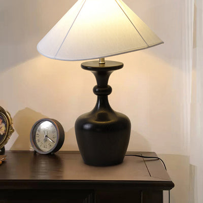 Traditionelle französische runde Vase mit Sockel aus Holz, Stoff und Eisen, 1-flammige Tischlampe für Wohnzimmer 