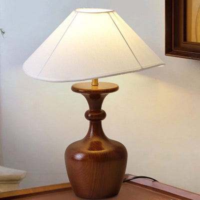 Traditionelle französische runde Vase mit Sockel aus Holz, Stoff und Eisen, 1-flammige Tischlampe für Wohnzimmer 