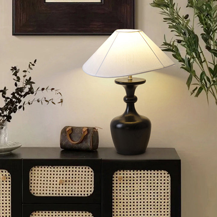 Traditionelle französische runde Vase mit Sockel aus Holz, Stoff und Eisen, 1-flammige Tischlampe für Wohnzimmer 