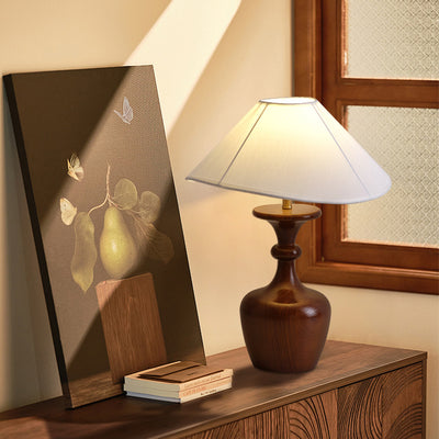 Traditionelle französische runde Vase mit Sockel aus Holz, Stoff und Eisen, 1-flammige Tischlampe für Wohnzimmer 
