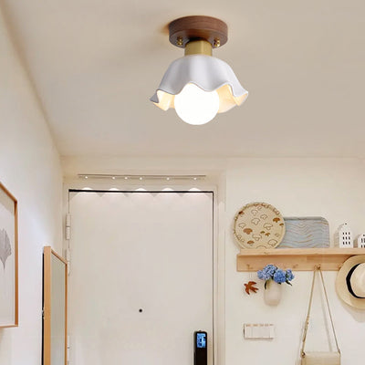 Plafonnier semi-encastré à 1 lumière en bois, cuivre et verre avec cône de fleur rond traditionnel japonais pour salon 