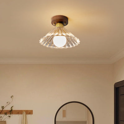 Plafonnier semi-encastré à 1 lumière en bois, cuivre et verre avec cône de fleur rond traditionnel japonais pour salon 