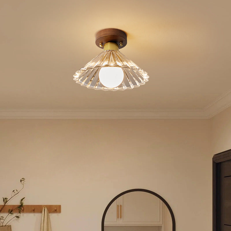 Plafonnier semi-encastré à 1 lumière en bois, cuivre et verre avec cône de fleur rond traditionnel japonais pour salon 