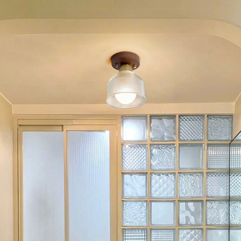 Plafonnier semi-encastré à 1 lumière en bois, cuivre et verre avec cône de fleur rond traditionnel japonais pour salon 