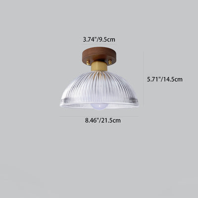 Traditional Japanese Round Striped Glass Wood Copper 1-Light Semi-Flush Mount Ceiling Light For Living Room