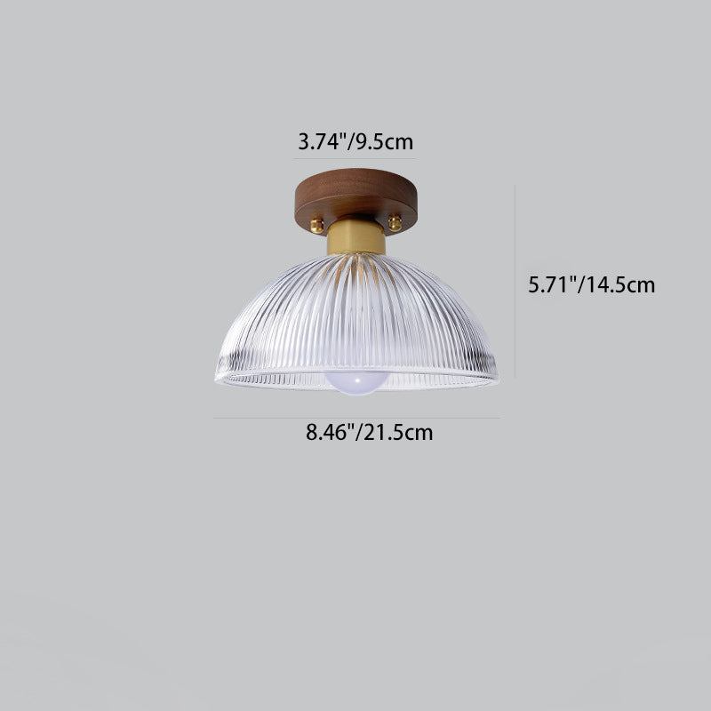 Traditional Japanese Round Striped Glass Wood Copper 1-Light Semi-Flush Mount Ceiling Light For Living Room