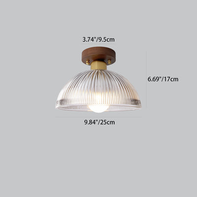 Traditional Japanese Round Striped Glass Wood Copper 1-Light Semi-Flush Mount Ceiling Light For Living Room