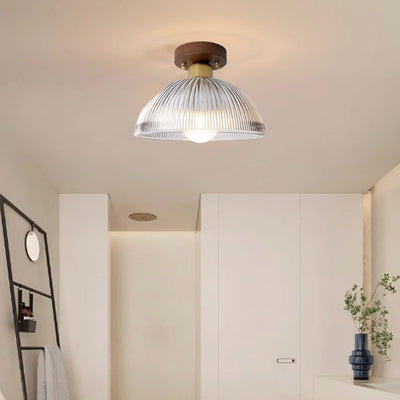 Traditional Japanese Round Striped Glass Wood Copper 1-Light Semi-Flush Mount Ceiling Light For Living Room