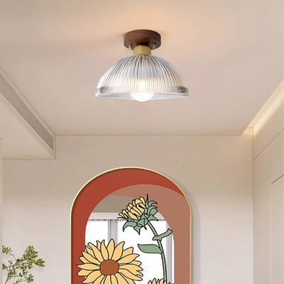 Traditional Japanese Round Striped Glass Wood Copper 1-Light Semi-Flush Mount Ceiling Light For Living Room