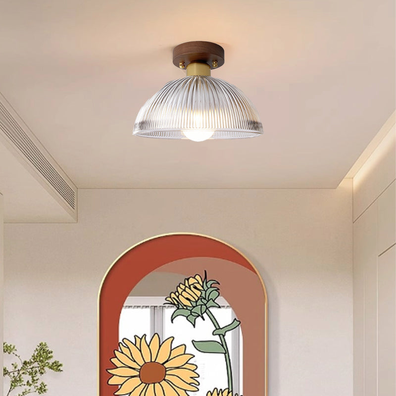 Traditional Japanese Round Striped Glass Wood Copper 1-Light Semi-Flush Mount Ceiling Light For Living Room