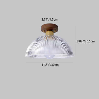 Traditional Japanese Round Striped Glass Wood Copper 1-Light Semi-Flush Mount Ceiling Light For Living Room