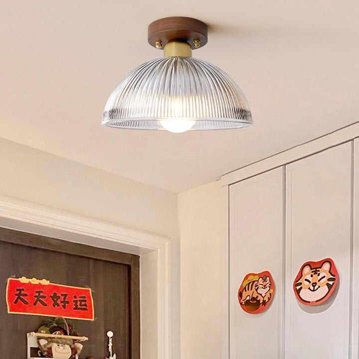 Lustre semi-encastré 1 lumière en verre rayé rond traditionnel japonais en bois et cuivre pour salon 