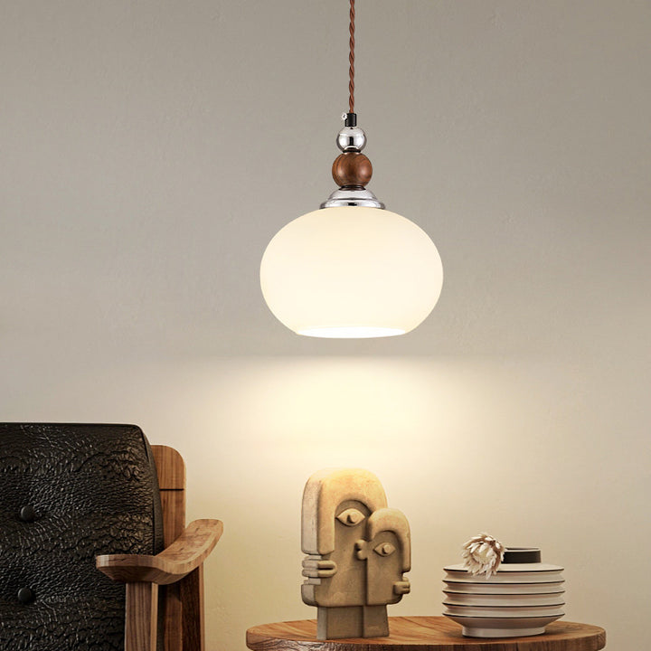 Traditionelle Vintage Oval Holz Eisen Glas 1-Licht Pendelleuchte für Wohnzimmer 