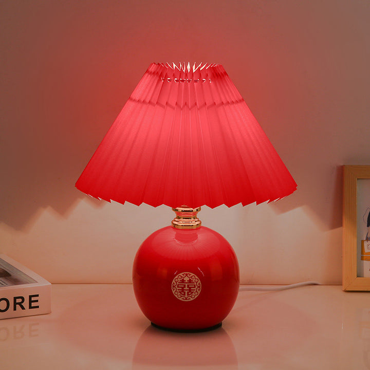 Lámpara de mesa de cerámica con base de orbe Art Deco moderno y pantalla plisada de tela de 1 luz para dormitorio 