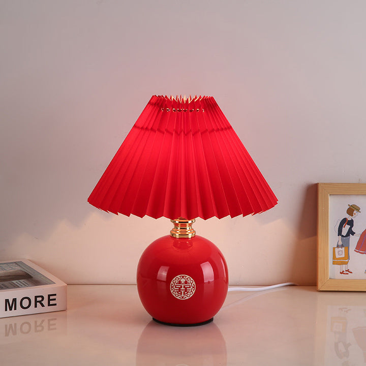 Lámpara de mesa de cerámica con base de orbe Art Deco moderno y pantalla plisada de tela de 1 luz para dormitorio 