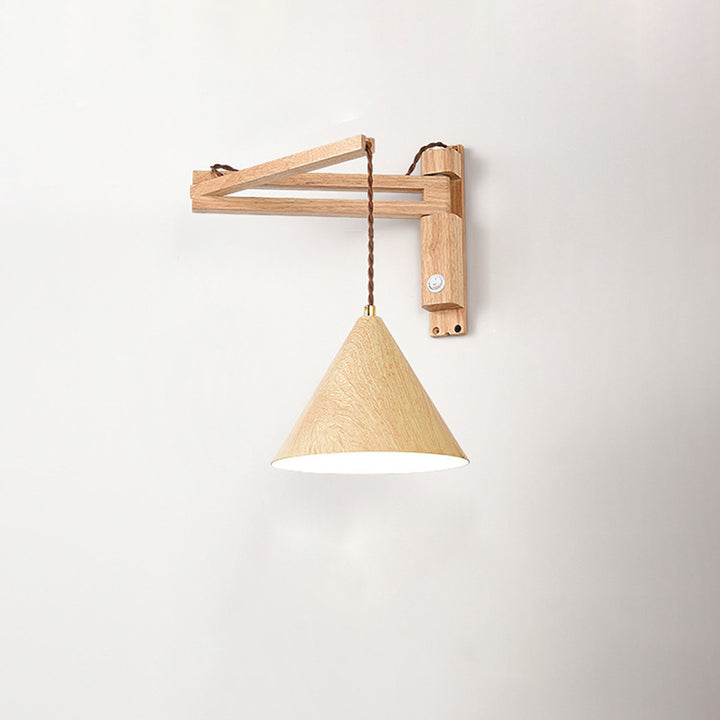 Applique murale à un bras oscillant conique en bois et fer vintage traditionnel pour chambre à coucher 