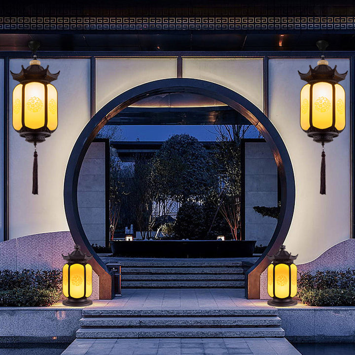 Lanterne hexagonale Xiang Yun étanche chinoise traditionnelle en aluminium et PC pour jardin 