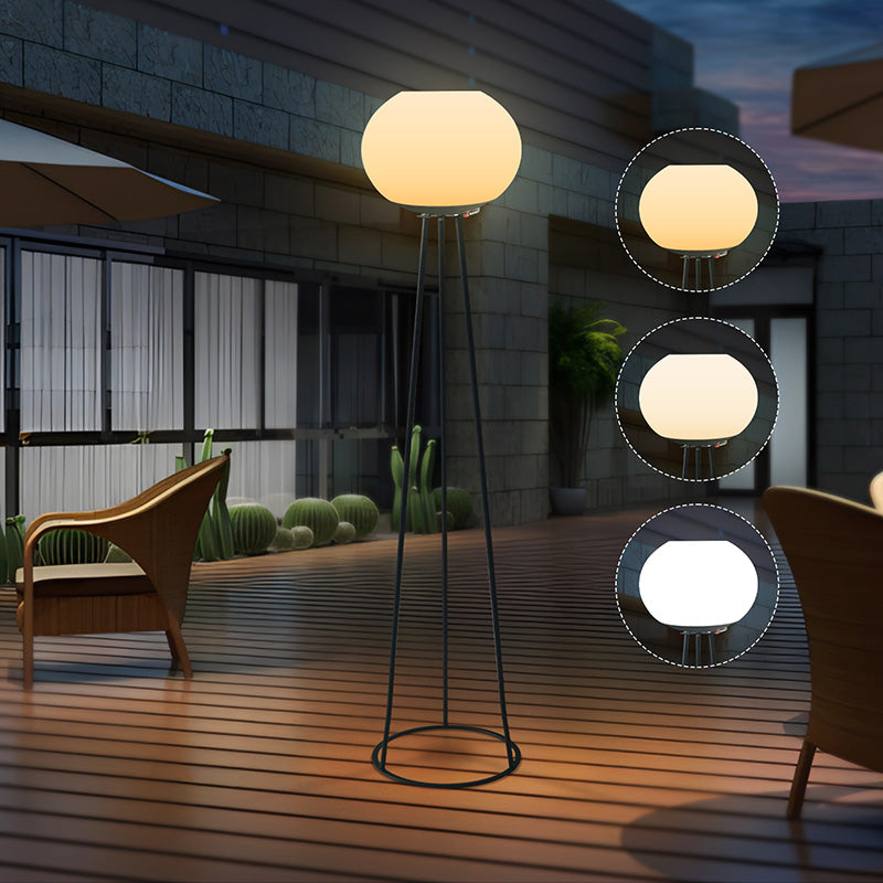 مصباح أرضي LED قائم من الحديد PE بقاعدة مستديرة ثلاثية القوائم بيضاوية شمسية حديثة للمساحات الخارجية 