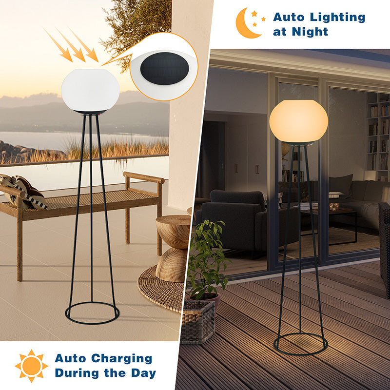 مصباح أرضي LED قائم من الحديد PE بقاعدة مستديرة ثلاثية القوائم بيضاوية شمسية حديثة للمساحات الخارجية 