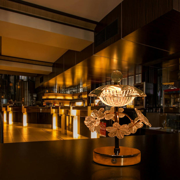 モダンアールデコラウンドベースフラワークリスタルメタルLEDテーブルランプベッドルーム用 
