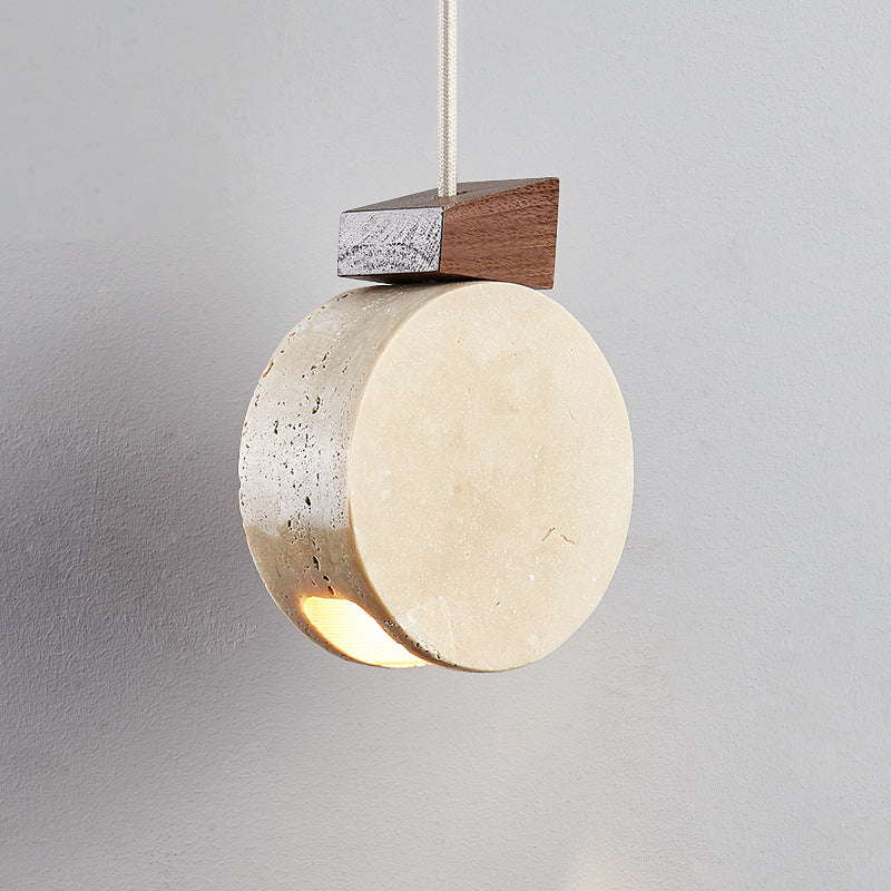 Suspension moderne minimaliste en bois massif rond beige travertin à 1 lumière pour salon 