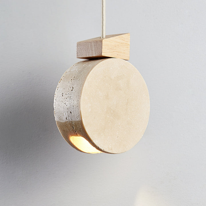 Suspension moderne minimaliste en bois massif rond beige travertin à 1 lumière pour salon 